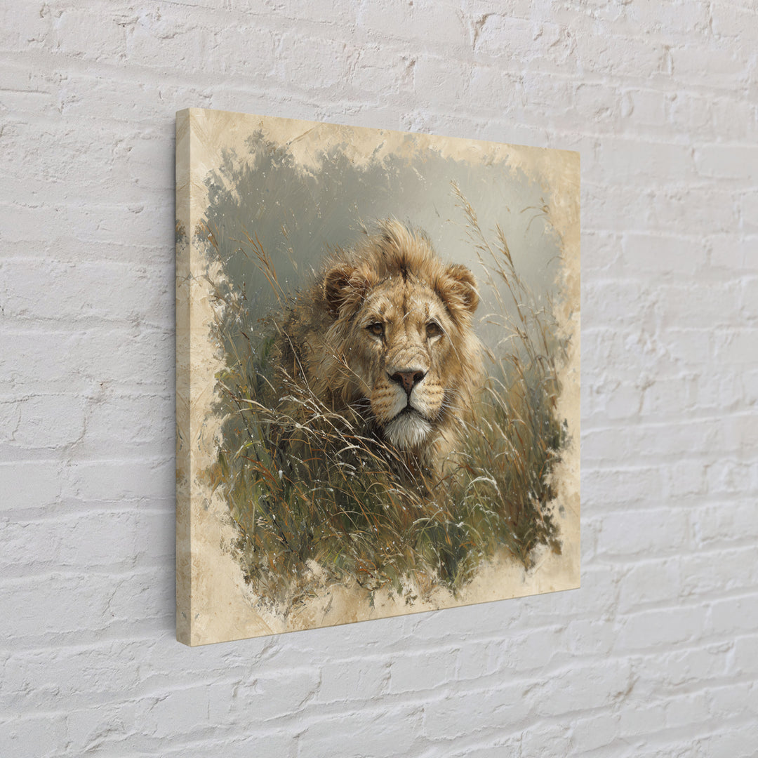 Lion Emerging from Golden Savanna Grass Canvas Print, Wildlife Art, Modern Decor, Living Room Decor, Fine Art, Wild, Home Decor, WIL-1x1-25