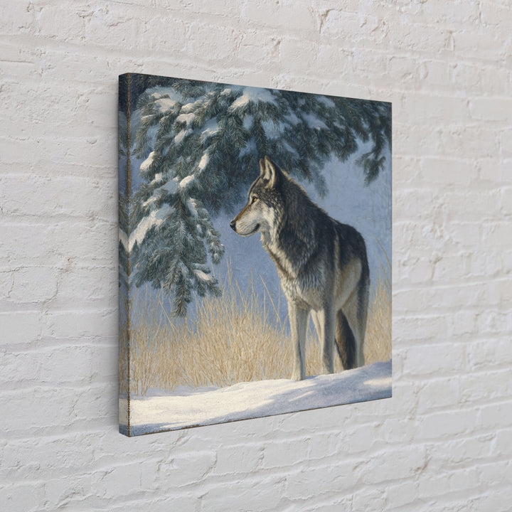 Wolf Standing Beneath Snowy Pine Trees Framed Canvas Print, Wildlife Art, Canvas Print, Living Room Decor, Fine Art, Wild, WIL-1x1-27