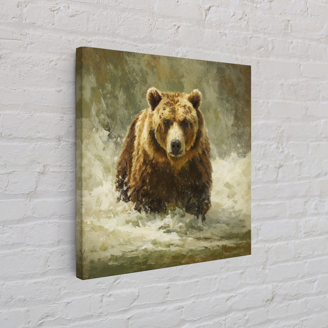 Bear Fishing in Rushing Mountain River Framed Canvas Print, Wildlife Art, Digital Wall Art, Living Room Decor, Fine Art, Wild, WIL-1x1-28