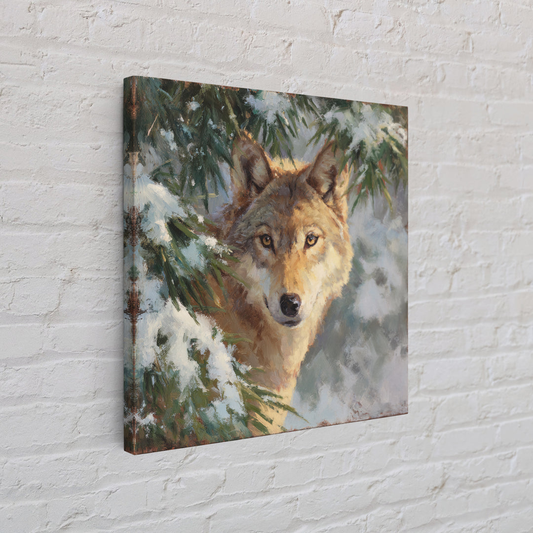 Wolf Standing Beneath Snowy Pine Trees Canvas Print, Wildlife Art, Canvas Wall Art, Living Room Decor, Abstract Art, Wild, WIL-1x1-3