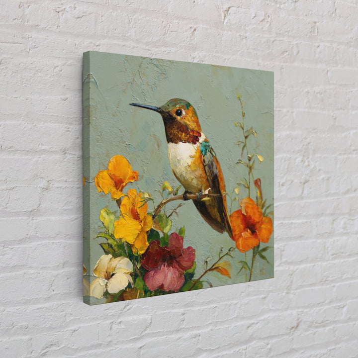 Hummingbird Beside Bright Flowers Framed Canvas Print, Wildlife Art, Art Print, Living Room Decor, Watercolor Art, Wild, WIL-1x1-40