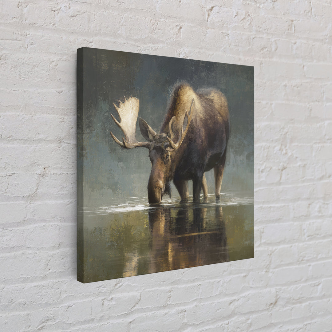 Moose Standing in Reflective Lake Framed Canvas Print, Wildlife Art, Modern Art, Living Room Decor, Wild, Neutral Decor, WIL-1x1-43