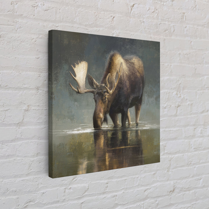 Moose Standing in Reflective Lake Framed Canvas Print, Wildlife Art, Modern Art, Living Room Decor, Wild, Neutral Decor, WIL-1x1-43