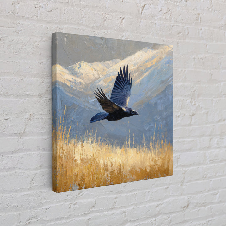 Raven Flying Through Snowy Mountains Framed Canvas Print, Wildlife Art, Art, Living Room Decor, Oil Painting, Wild, WIL-1x1-48