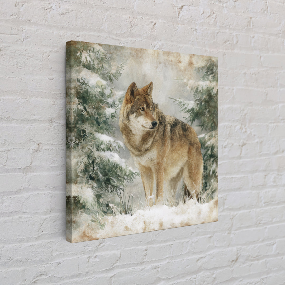 Wolf Standing Beneath Snowy Pine Trees Framed Canvas Print, Wildlife Art, Rustic Home Decor, Living Room Decor, Oil Painting, WIL-1x1-51