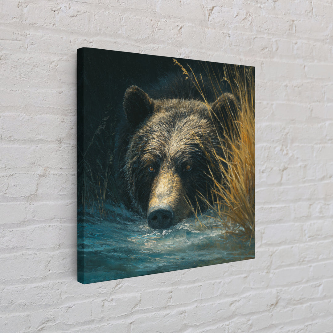 Bear Fishing in Rushing Mountain River Framed Canvas Print, Wildlife Art, Bedroom Wall Art, Living Room Decor, Fine Art, Wild, WIL-1x1-52