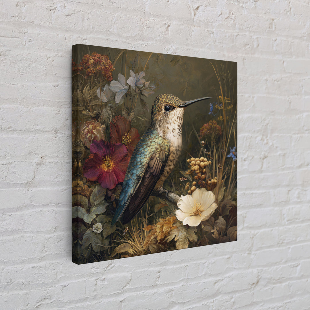 Hummingbird Beside Bright Flowers Framed Canvas Print, Wildlife Art, Bird Art, Living Room Decor, Watercolor Art, Wild, WIL-1x1-64
