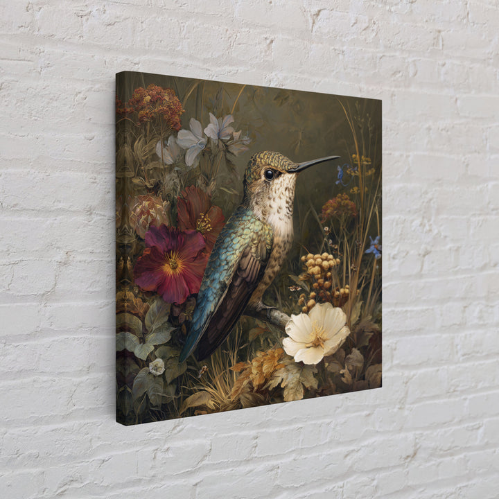 Hummingbird Beside Bright Flowers Framed Canvas Print, Wildlife Art, Bird Art, Living Room Decor, Watercolor Art, Wild, WIL-1x1-64