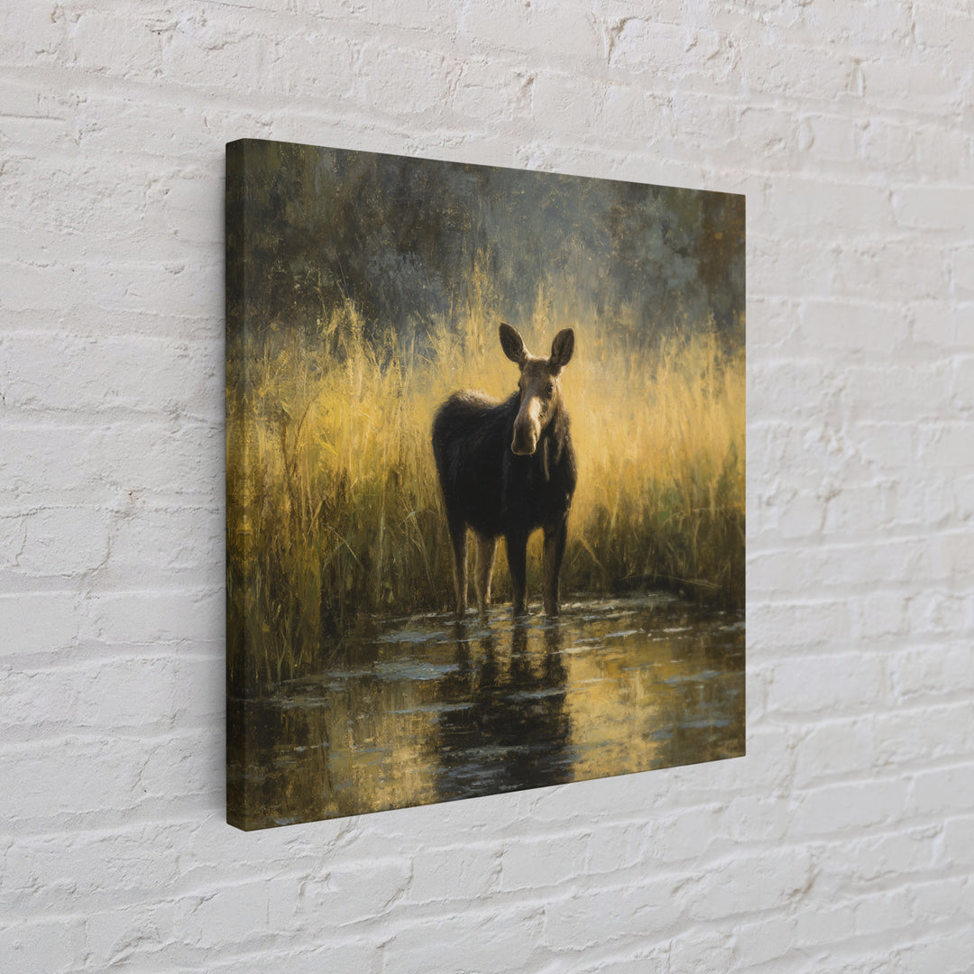 Moose Standing in Reflective Lake Framed Canvas Print, Wildlife Art, Gallery Decor, Living Room Decor, Fine Art, Wild, WIL-1x1-67