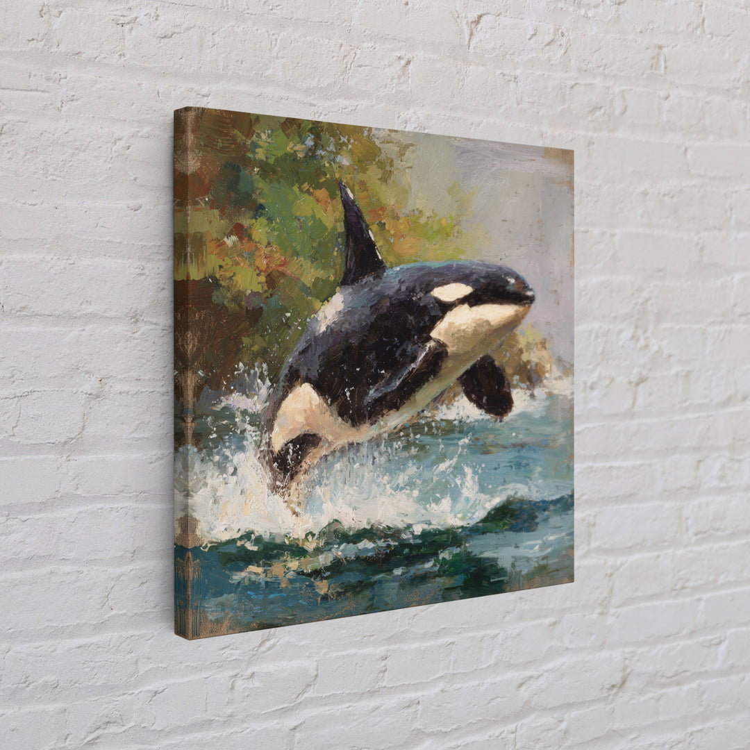 Orca Breaching in Cold Ocean Framed Canvas Print, Wildlife Art, Nature Wall Art, Living Room Decor, Fine Art, Wild, Art Print, WIL-1x1-71