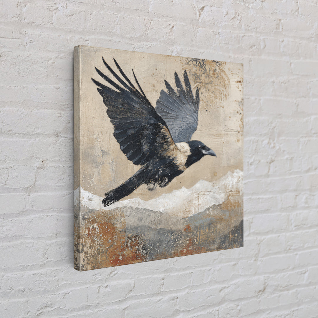 Raven Flying Through Snowy Mountains Framed Canvas Print, Wildlife Art, Bird Wall Art, Living Room Decor, Fine Art, Wild, WIL-1x1-72