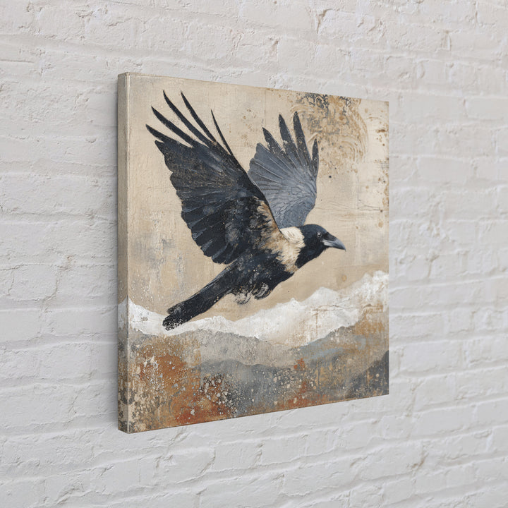 Raven Flying Through Snowy Mountains Framed Canvas Print, Wildlife Art, Bird Wall Art, Living Room Decor, Fine Art, Wild, WIL-1x1-72