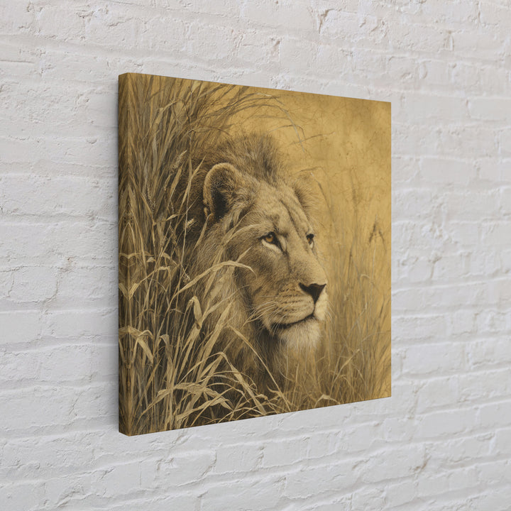 Lion Emerging from Golden Savanna Grass Framed Canvas Print, Wildlife Art, Art Print, Living Room Decor, Watercolor Art, Wild, WIL-1x1-73