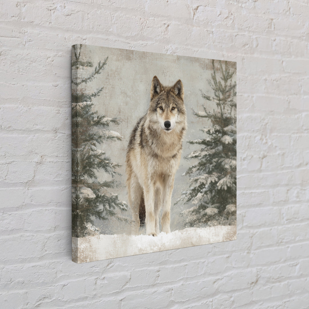 Wolf Standing Beneath Snowy Pine Trees Canvas Print, Wildlife Art, Modern Decor, Living Room Decor, Fine Art, Wild, Home Decor, WIL-1x1-75