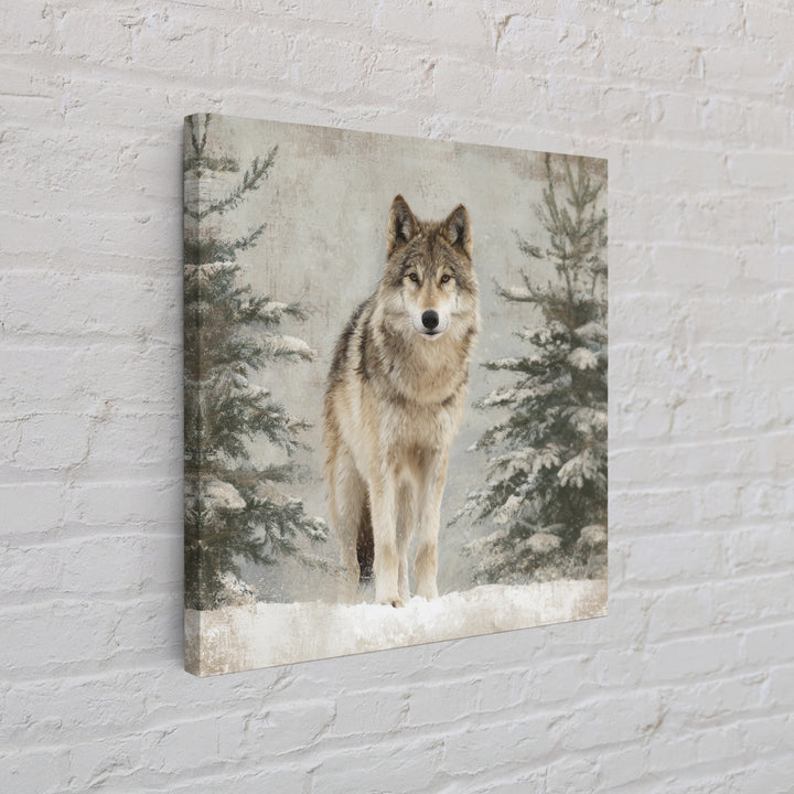 Wolf Standing Beneath Snowy Pine Trees Canvas Print, Wildlife Art, Modern Decor, Living Room Decor, Fine Art, Wild, Home Decor, WIL-1x1-75