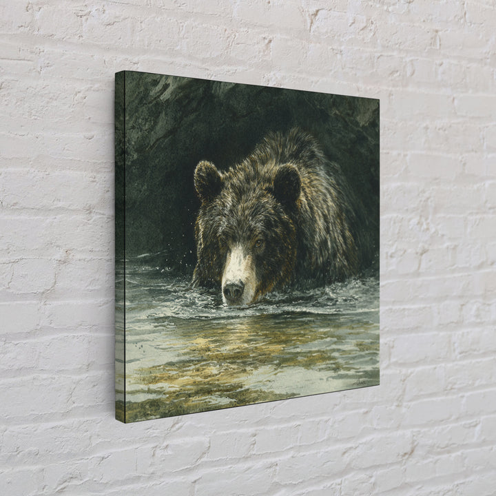 Bear Fishing in Rushing Mountain River Canvas Print, Wildlife Art, Canvas Painting, Living Room Decor, Fine Art, Wild, WIL-1x1-76
