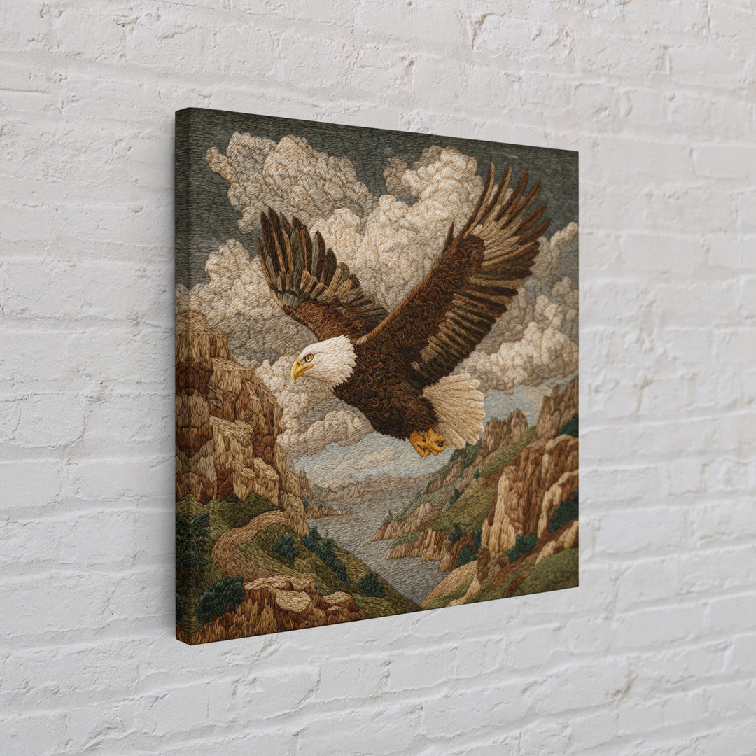 Eagle Soaring Above Rocky Cliffs Framed Canvas Print, Wildlife Art, Gallery Decor, Living Room Decor, Fine Art, Wild, WIL-1x1-78