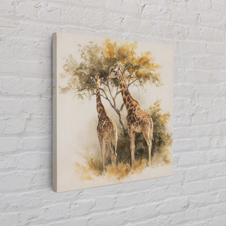 Giraffe Pair under Acacia Tree Framed Canvas Print, Wildlife Art, Fine Art Print, Living Room Decor, Oil Painting, Wild, WIL-1x1-79