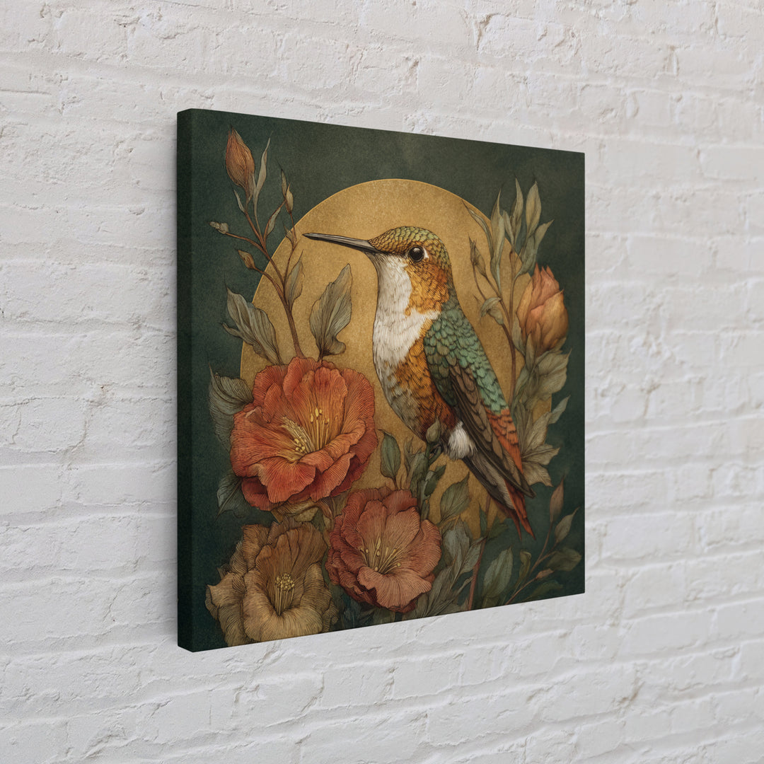 Hummingbird Beside Bright Flowers Framed Canvas Print, Wildlife Art, Textured Painting, Living Room Decor, Oil Painting, Wild, WIL-1x1-88