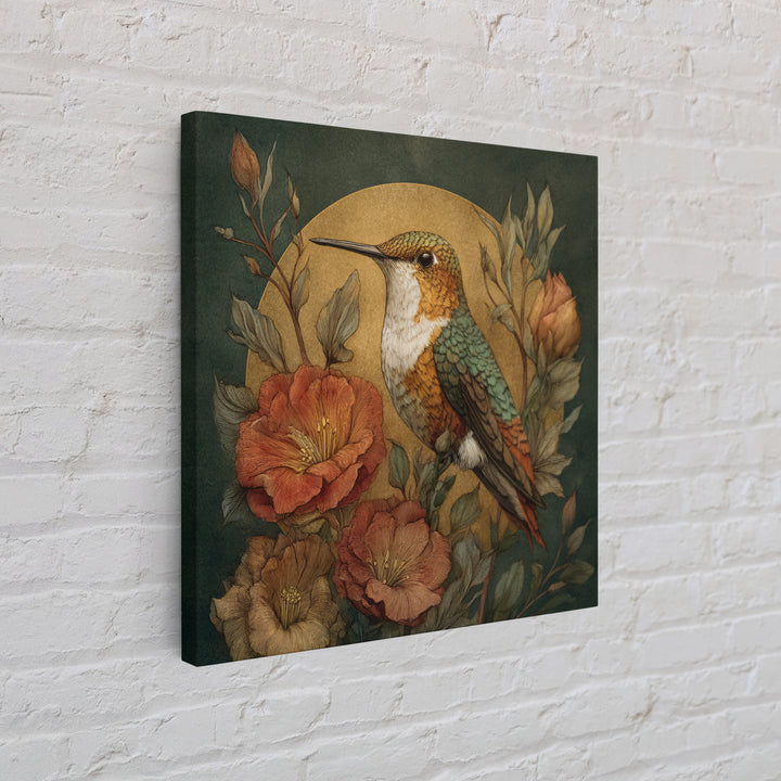 Hummingbird Beside Bright Flowers Framed Canvas Print, Wildlife Art, Textured Painting, Living Room Decor, Oil Painting, Wild, WIL-1x1-88