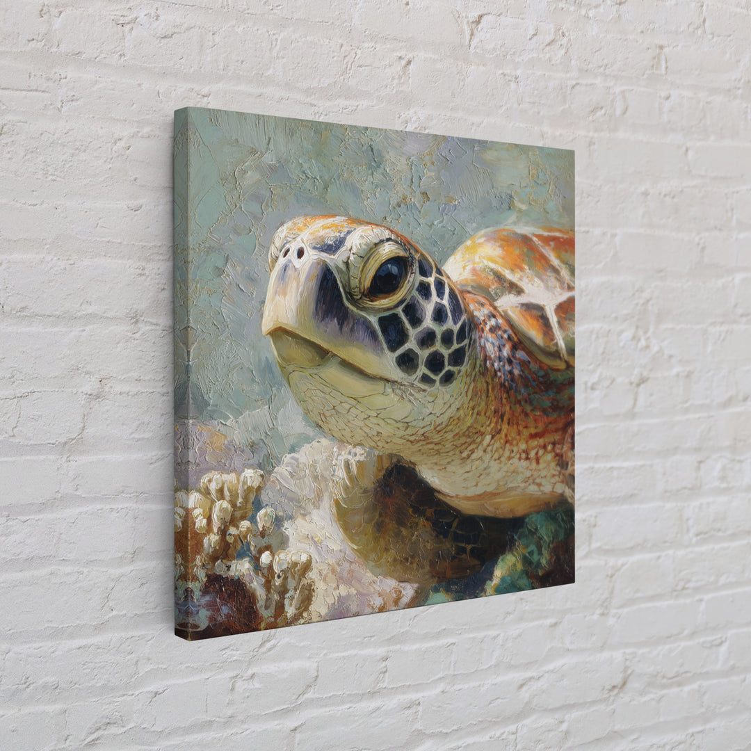 Sea Turtle over Coral Reef Canvas Print, Wildlife Art, Forest Wall Art, Living Room Decor, Fine Art, Wild, Textured Painting, WIL-1x1-90
