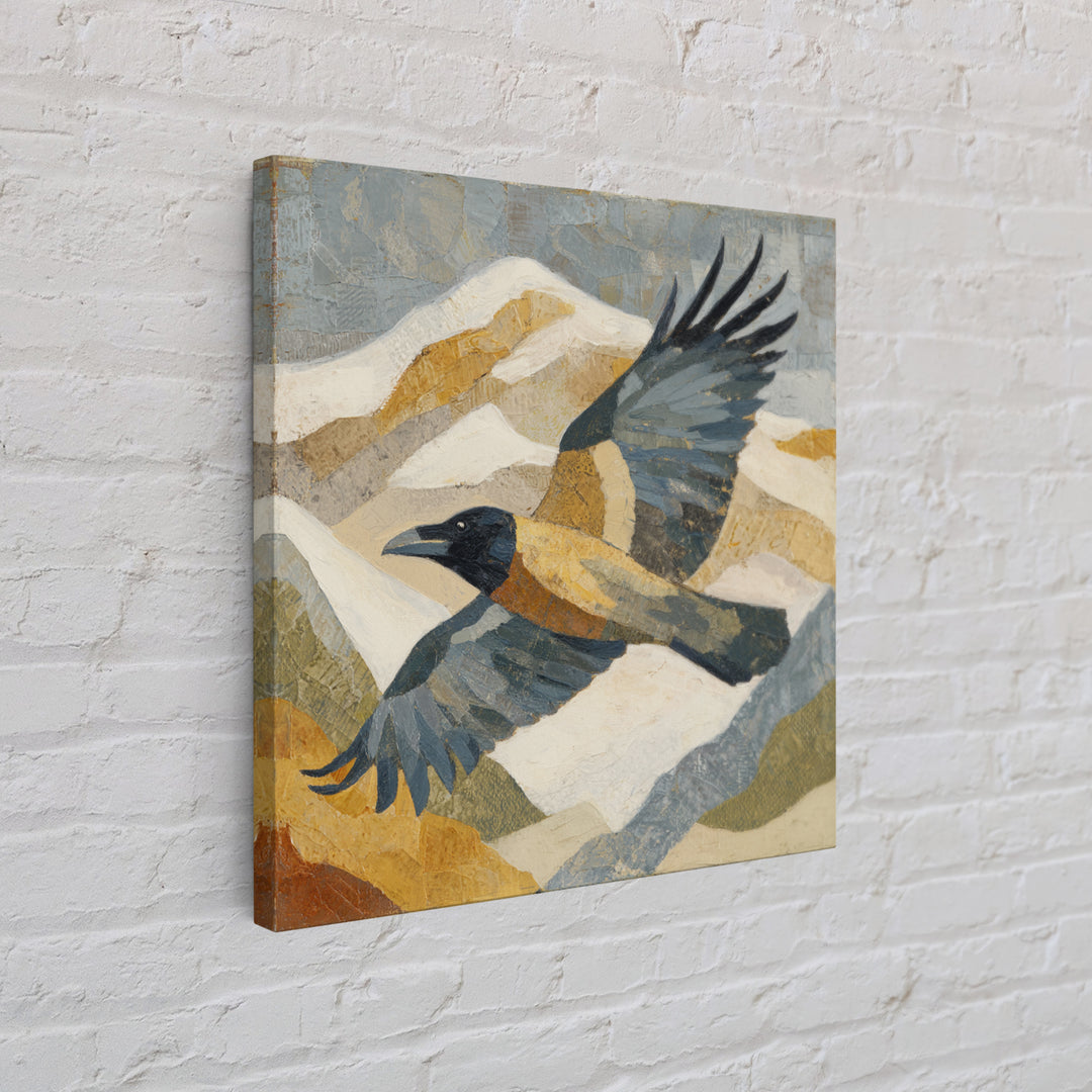 Raven Flying Through Snowy Mountains Framed Canvas Print, Wildlife Art, Painting, Living Room Decor, Watercolor Art, Wild, WIL-1x1-96