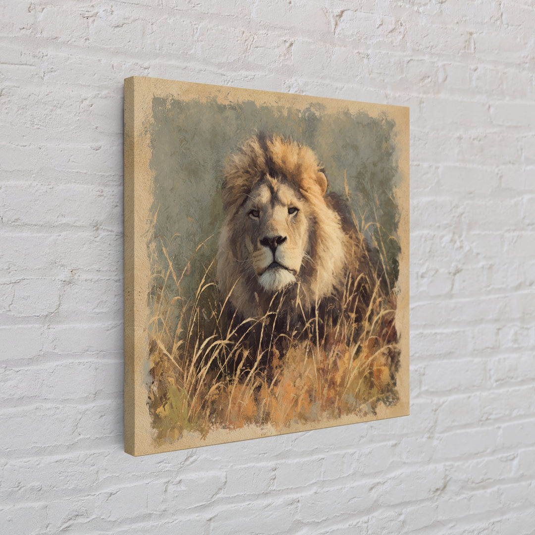 Lion Emerging from Golden Savanna Grass Canvas Print, Wildlife Art, Wall Art, Living Room Decor, Oil Painting, Wild, WIL-1x1-97
