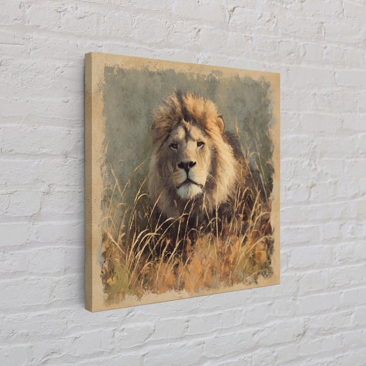 Lion Emerging from Golden Savanna Grass Canvas Print, Wildlife Art, Wall Art, Living Room Decor, Oil Painting, Wild, WIL-1x1-97