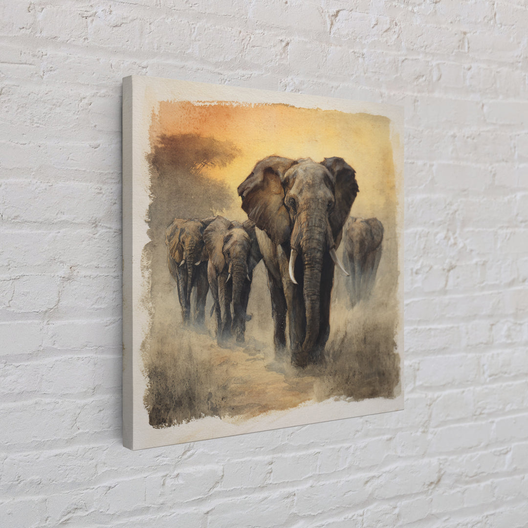 Elephant Herd Walking Through Dusty Sunset Canvas Print, Wildlife Art, Boho Decor, Living Room Decor, Fine Art, Wild, WIL-1x1-98