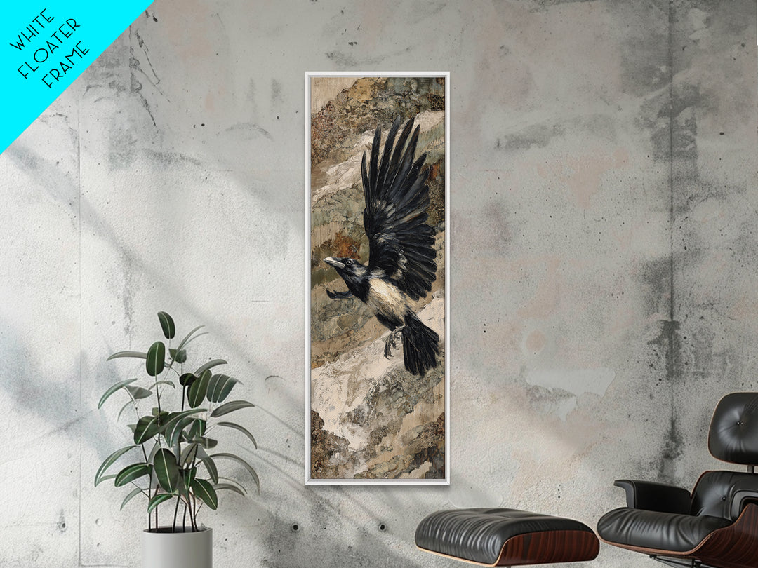 Raven Flying Through Snowy Mountains Canvas Print, Wildlife Art, Boho Decor, Living Room Decor, Fine Art, Wild, Painting, WIL-1x3-12
