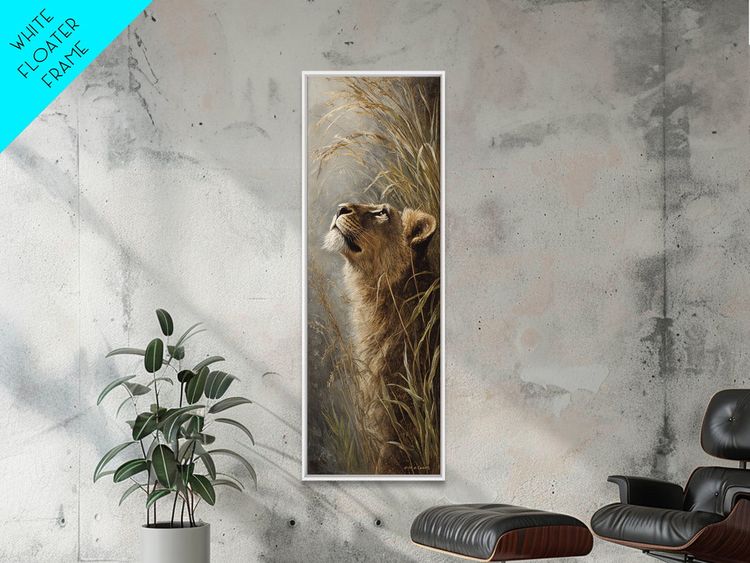 Lion Emerging from Golden Savanna Grass Canvas Print, Wildlife Art, Statement Artwork, Living Room Decor, Fine Art, Wild, WIL-1x3-13