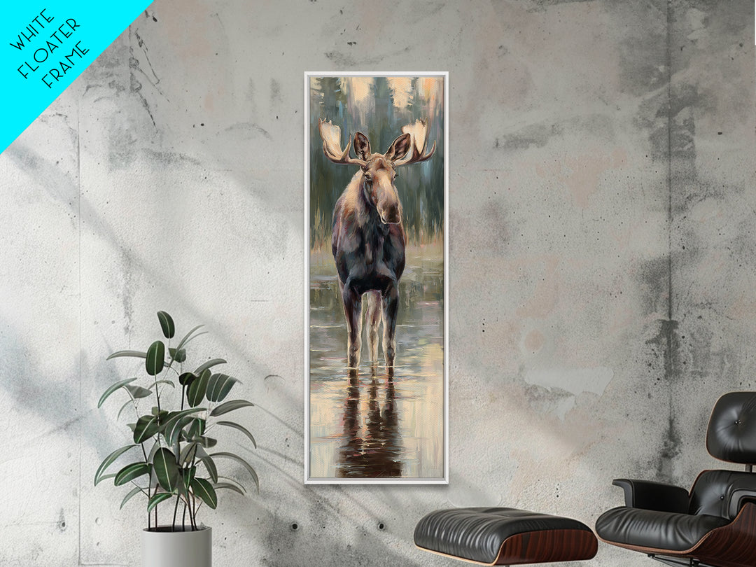 Moose Standing in Reflective Lake Framed Canvas Print, Wildlife Art, Wall Hangings, Living Room Decor, Watercolor Art, Wild, WIL-1x3-31