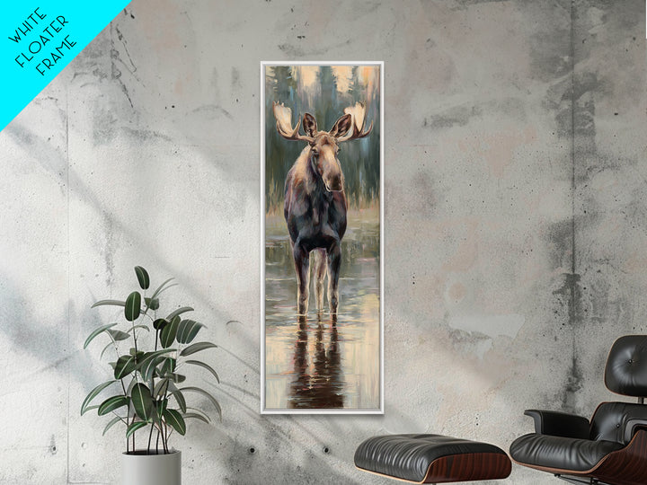 Moose Standing in Reflective Lake Framed Canvas Print, Wildlife Art, Wall Hangings, Living Room Decor, Watercolor Art, Wild, WIL-1x3-31