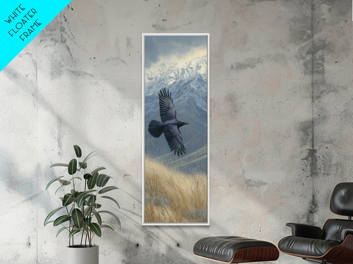 Raven Flying Through Snowy Mountains Framed Canvas Print, Wildlife Art, Living Room Decor, Watercolor Art, Wild, WIL-1x3-36