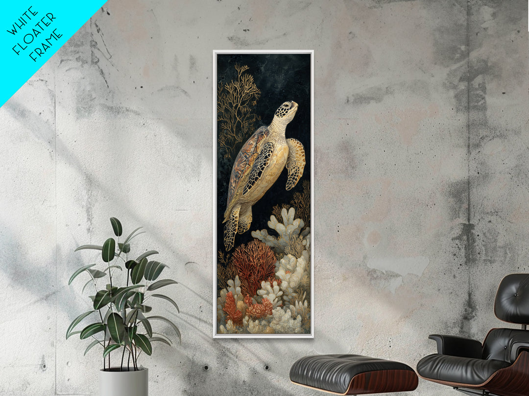 Sea Turtle over Coral Reef Framed Canvas Print, Wildlife Art, Canvas Painting, Living Room Decor, Oil Painting, Wild, WIL-1x3-54