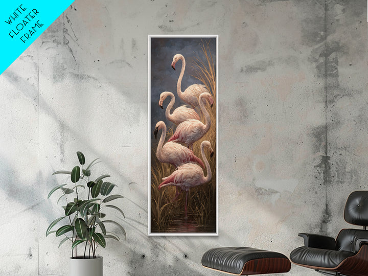 Flamingos in Pink Shallow Water Framed Canvas Print, Wildlife Art, Bird Wall Art, Living Room Decor, Watercolor Art, Wild, WIL-1x3-58
