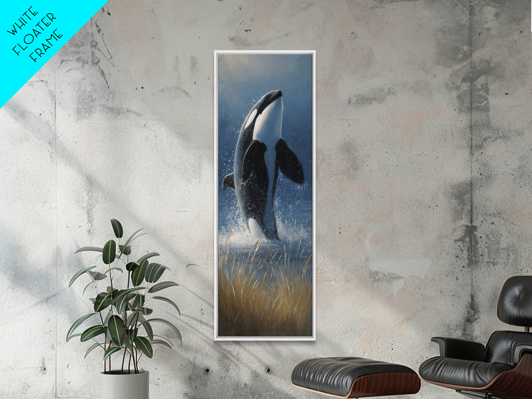 Orca Breaching in Cold Ocean Framed Canvas Print, Wildlife Art, Bird Art, Living Room Decor, Fine Art, Wild, Original Artwork, WIL-1x3-83
