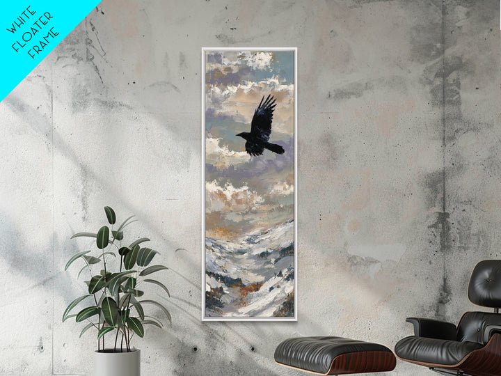 Raven Flying Through Snowy Mountains Framed Canvas Print, Wildlife Art, Original Art, Living Room Decor, Oil Painting, Wild, WIL-1x3-84