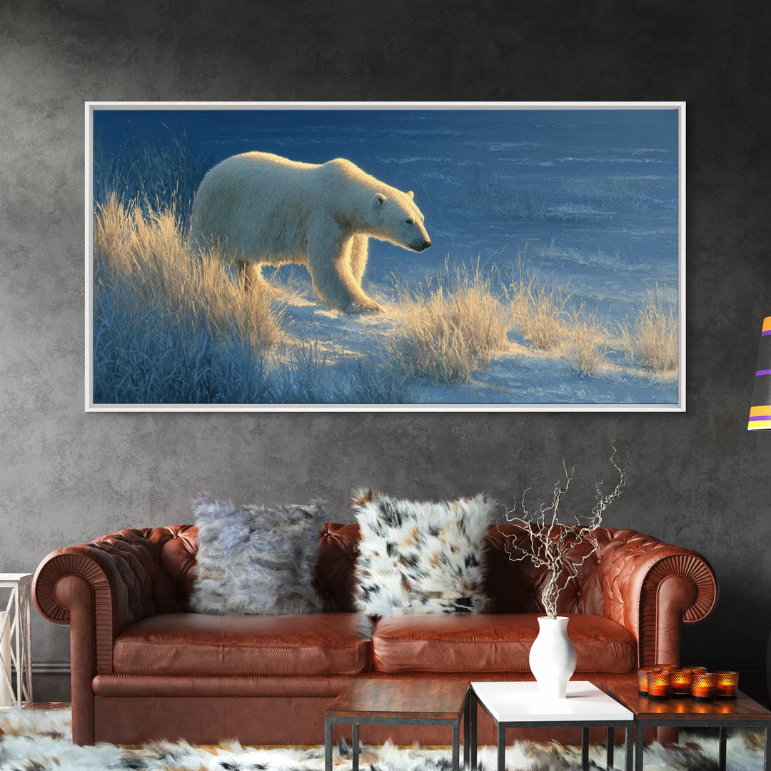 Polar Bear Crossing Blue Ice Framed Canvas Print, Wildlife Art, Bedroom Wall Art, Living Room Decor, Wild, Gallery Decor, WIL-2x1-11