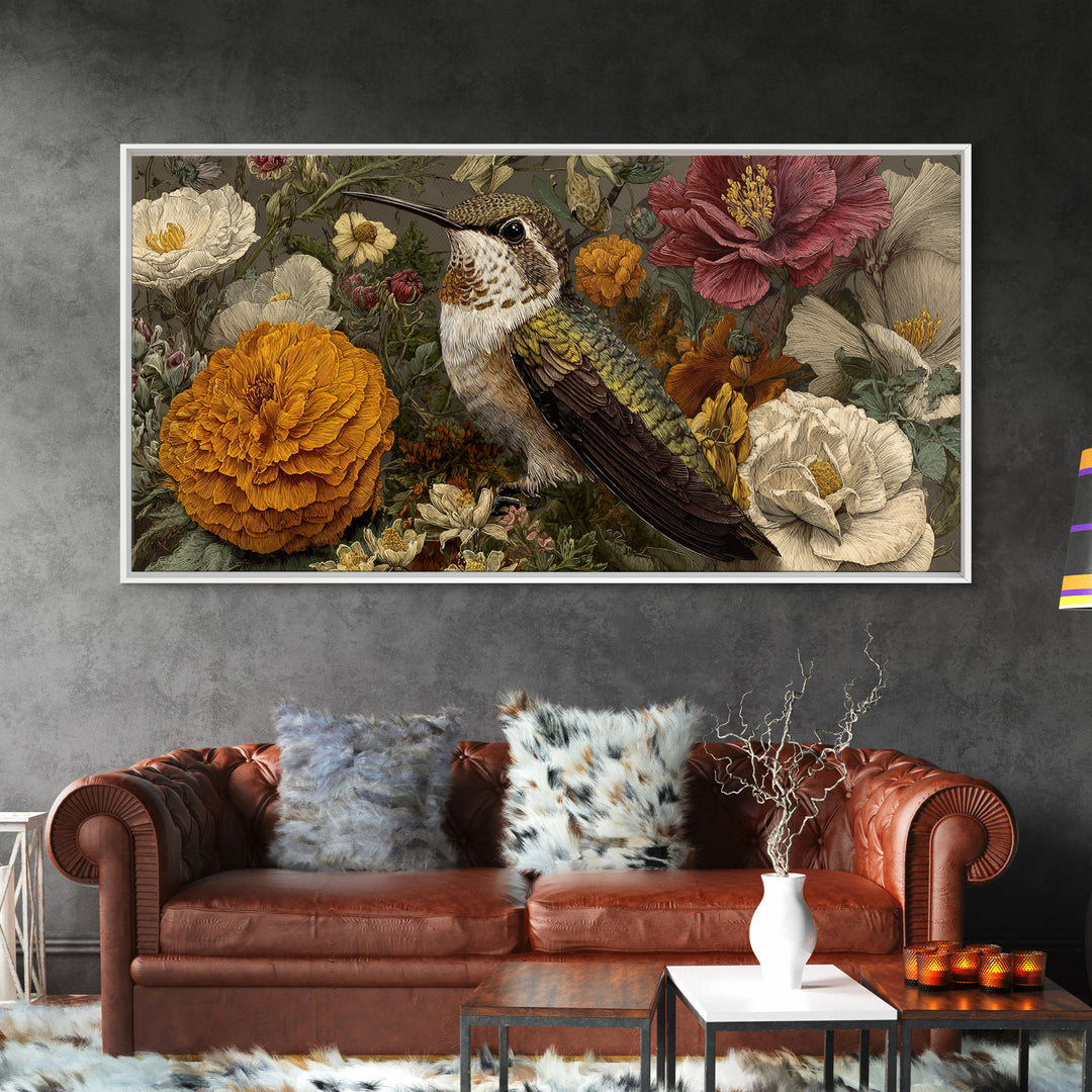 Hummingbird Beside Bright Flowers Framed Canvas Print, Wildlife Art, Art Print, Living Room Decor, Watercolor Art, Wild, WIL-2x1-12