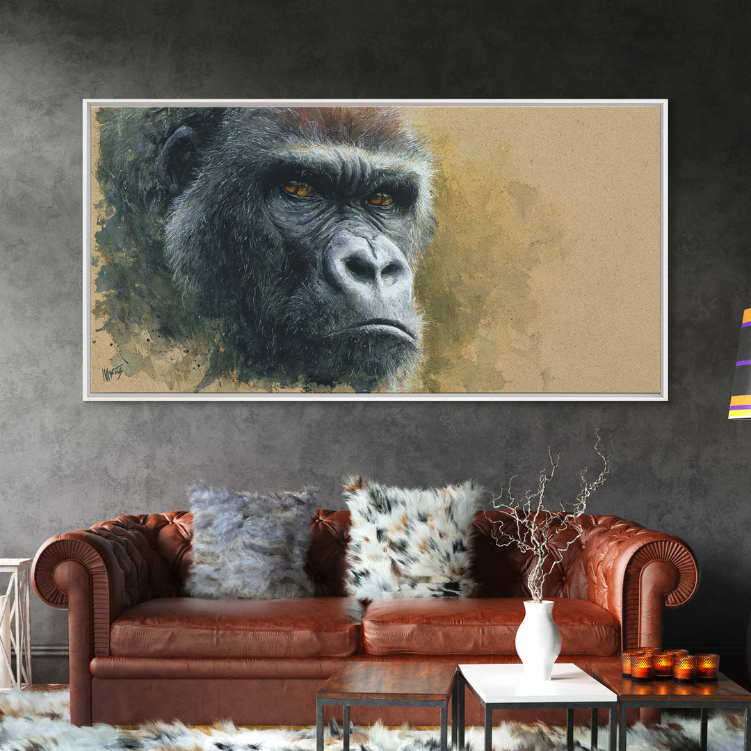 Gorilla Portrait with Powerful Gaze Framed Canvas Print, Wildlife Art, Minimalist Decor, Living Room Decor, Oil Painting, Wild, WIL-2x1-13