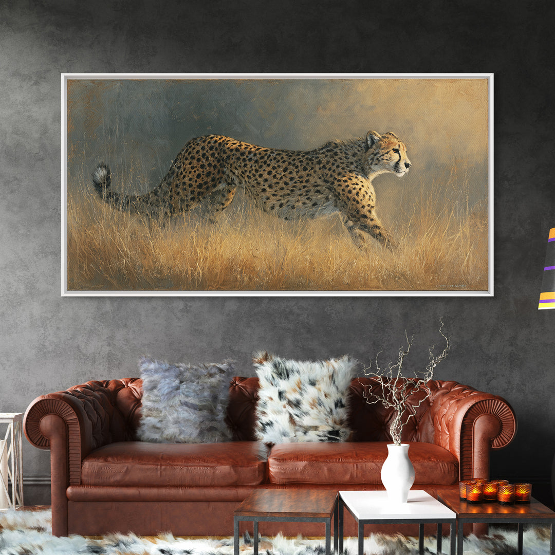 Cheetah Running Through Warm Dust Canvas Print, Wildlife Art, Contemporary Art, Living Room Decor, Wild, Wall Art Print, WIL-2x1-17