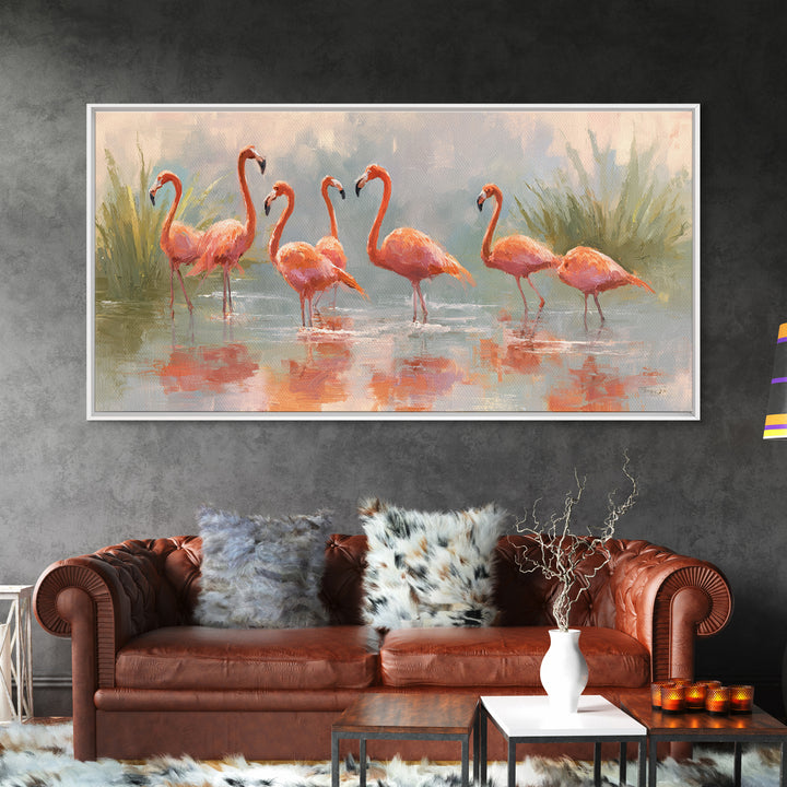 Flamingos in Pink Shallow Water Framed Canvas Print, Wildlife Art, Statement Artwork, Living Room Decor, Fine Art, Wild, WIL-2x1-18