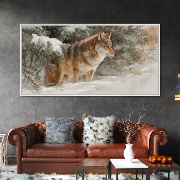 Wolf Standing Beneath Snowy Pine Trees Framed Canvas Print, Wildlife Art, Oil Painting, Living Room Decor, Watercolor Art, Wild, WIL-2x1-23