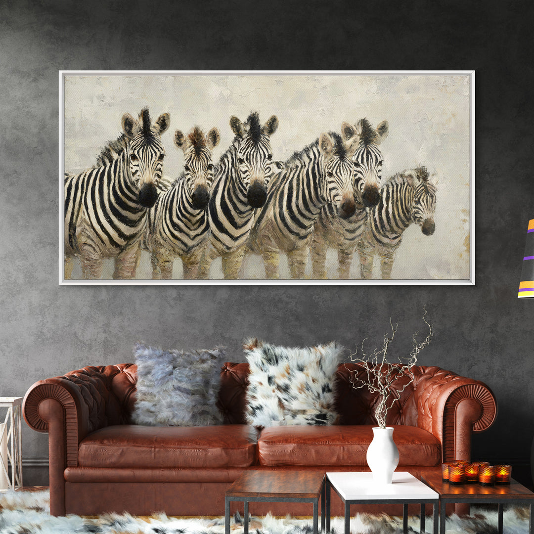 Zebra Herd in Graphic Black and White Canvas Print, Wildlife Art, Large Wall Art, Living Room Decor, Wild, Landscape Art, WIL-2x1-31