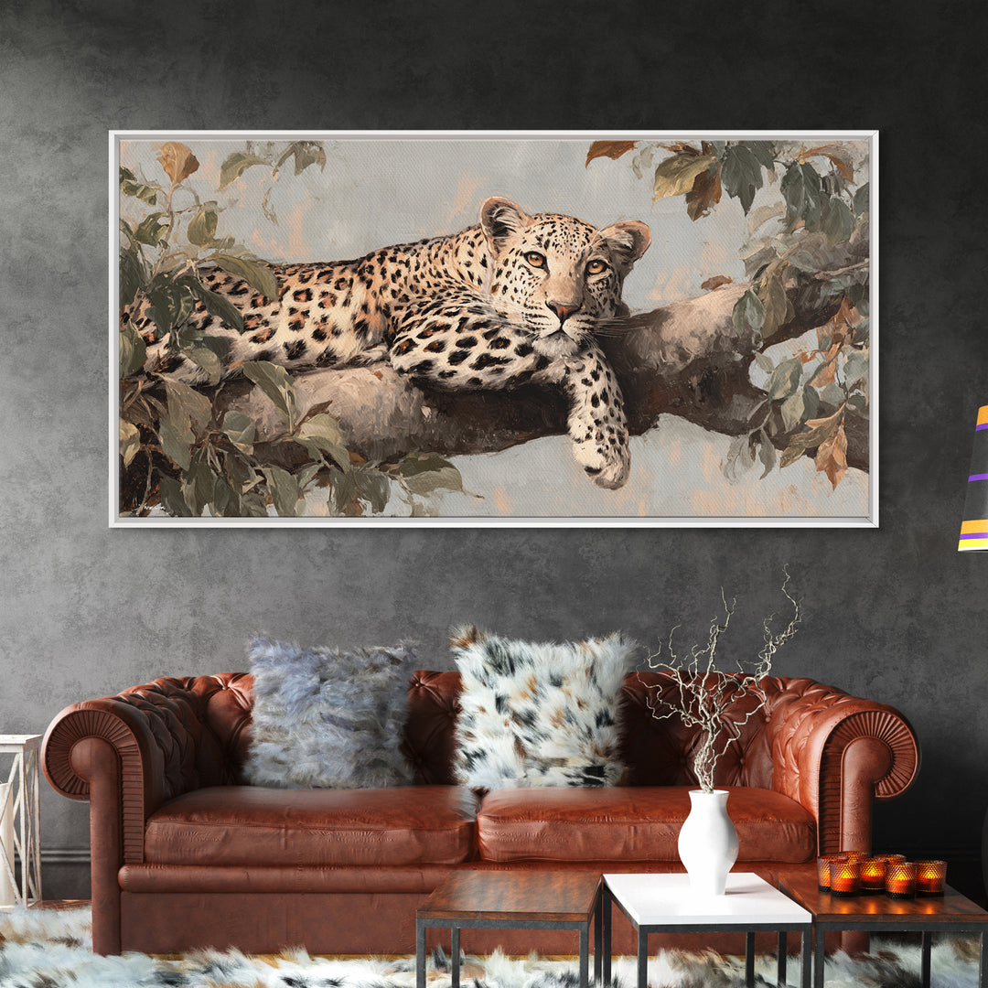 Leopard Resting on Tree Branch Framed Canvas Print, Wildlife Art, Art Print, Living Room Decor, Watercolor Art, Wild, WIL-2x1-34