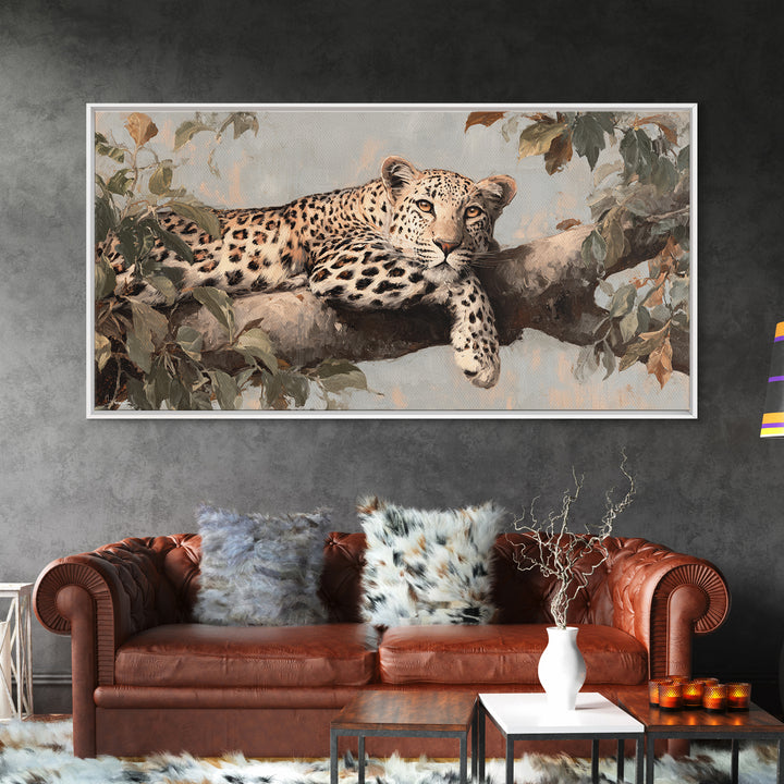 Leopard Resting on Tree Branch Framed Canvas Print, Wildlife Art, Art Print, Living Room Decor, Watercolor Art, Wild, WIL-2x1-34