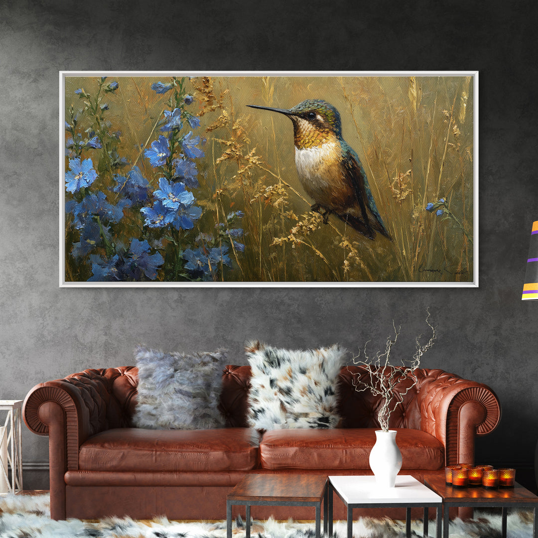 Hummingbird Beside Bright Flowers Canvas Print, Wildlife Art, Wall Art, Living Room Decor, Fine Art, Wild, Modern Wall Art, WIL-2x1-36