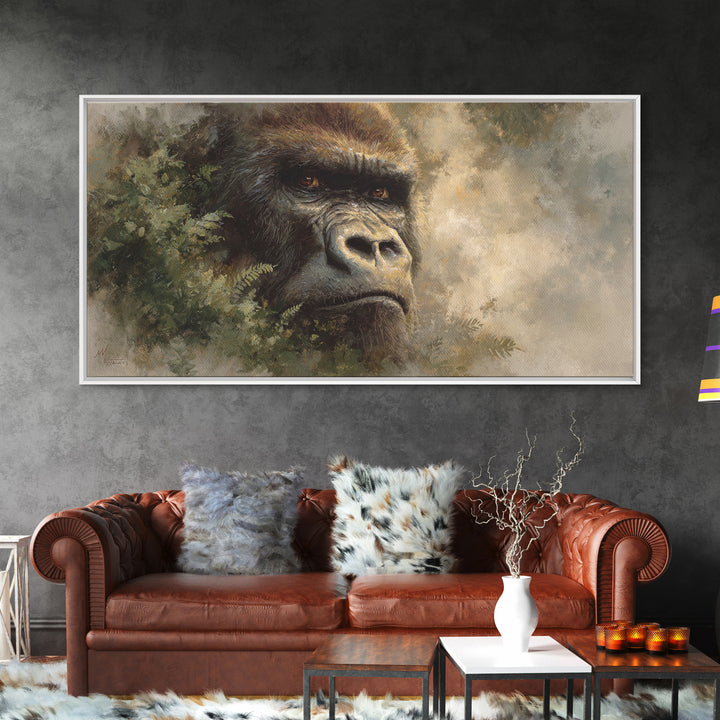 Gorilla Portrait with Powerful Gaze Framed Canvas Print, Wildlife Art, Minimalist Decor, Living Room Decor, Oil Painting, Wild, WIL-2x1-37