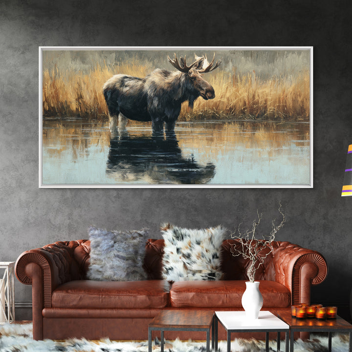 Moose Standing in Reflective Lake Canvas Print, Wildlife Art, Painting, Living Room Decor, Fine Art, Wild, Living Room Wall Art, WIL-2x1-39